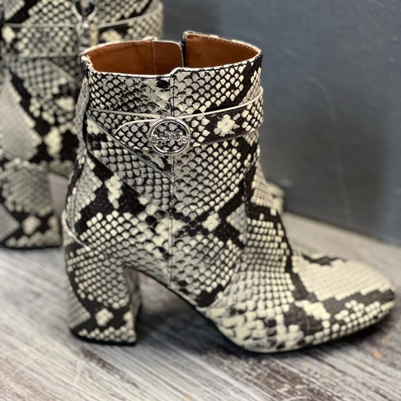 Coach Elisa Leather Ankle Bootie Boots In Faux Snakeskin and COACH Logo Buckle. - Picture 4 of 13